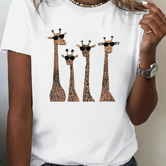 Women's T-Shirt | Playful Giraffe Print with Fashion Glasses Design | Round Neck, Short Sleeve | Casual Loose Fit | Machine Washable | Ideal for Spring & Summer | Comfortable Knit Fabric