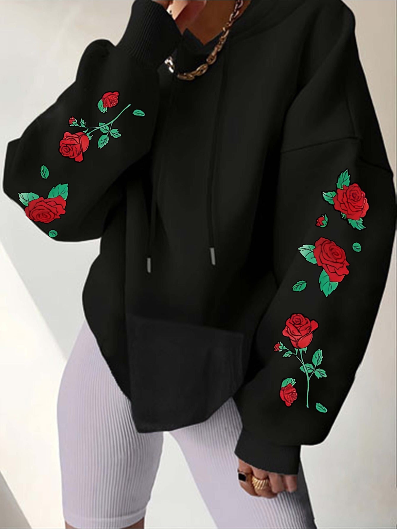 Floral Rose Graphic Hooded Sweatshirt For Women All Season