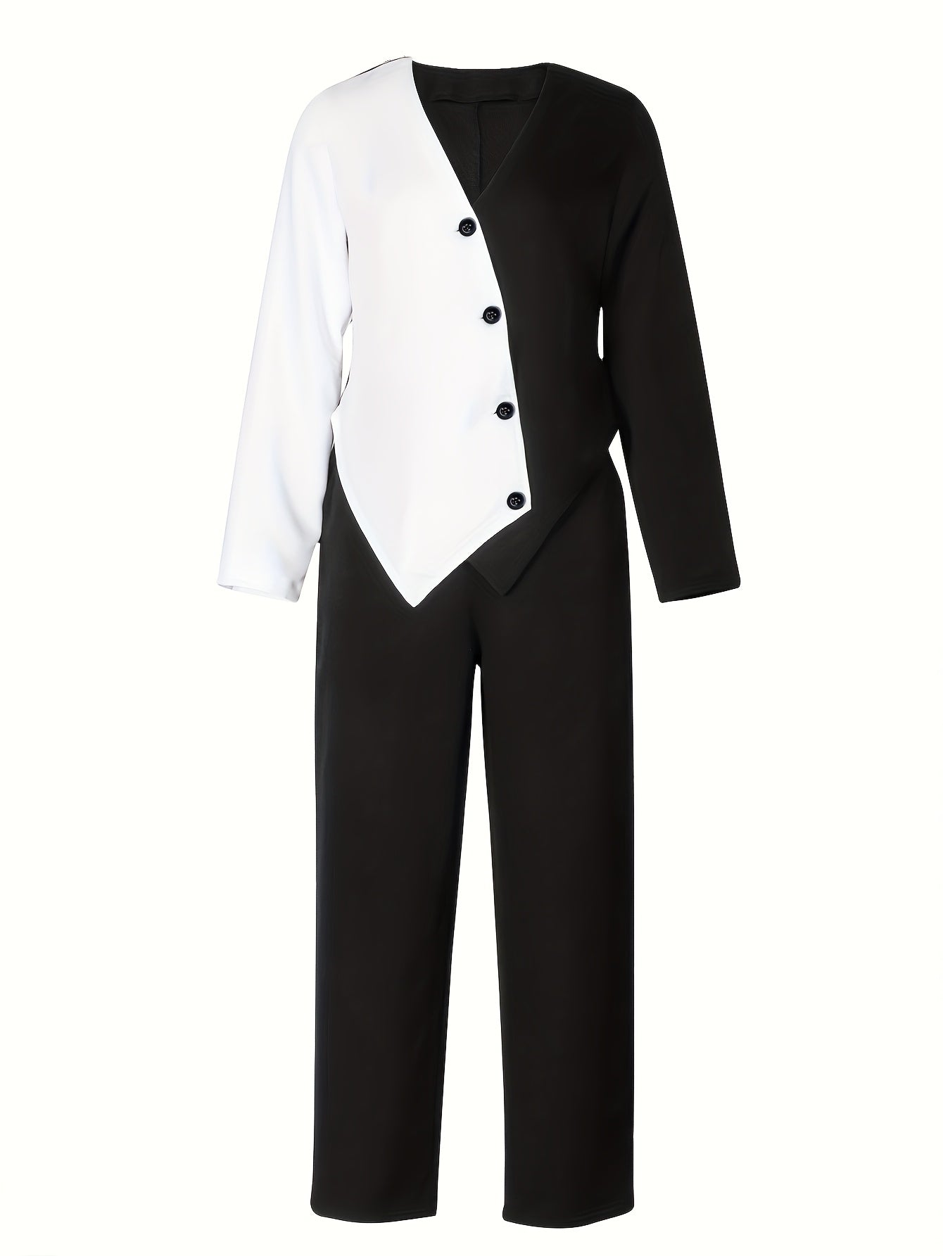 V-Neck Button Up Long Sleeve Top And Pants Set Fake Buttons