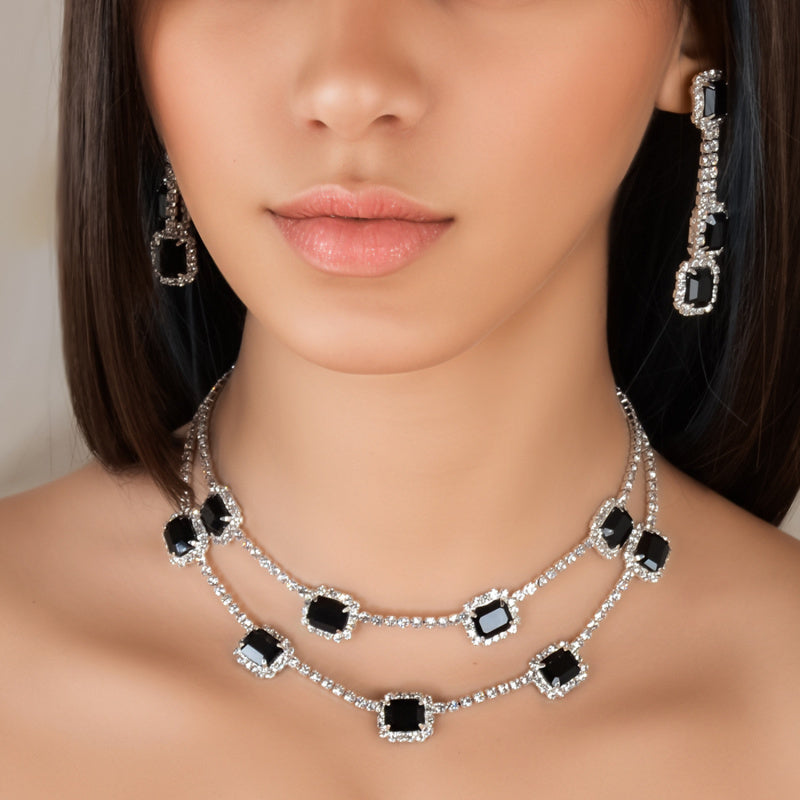 Bridal Rhinestone Necklace and Earrings Set Multi Layer