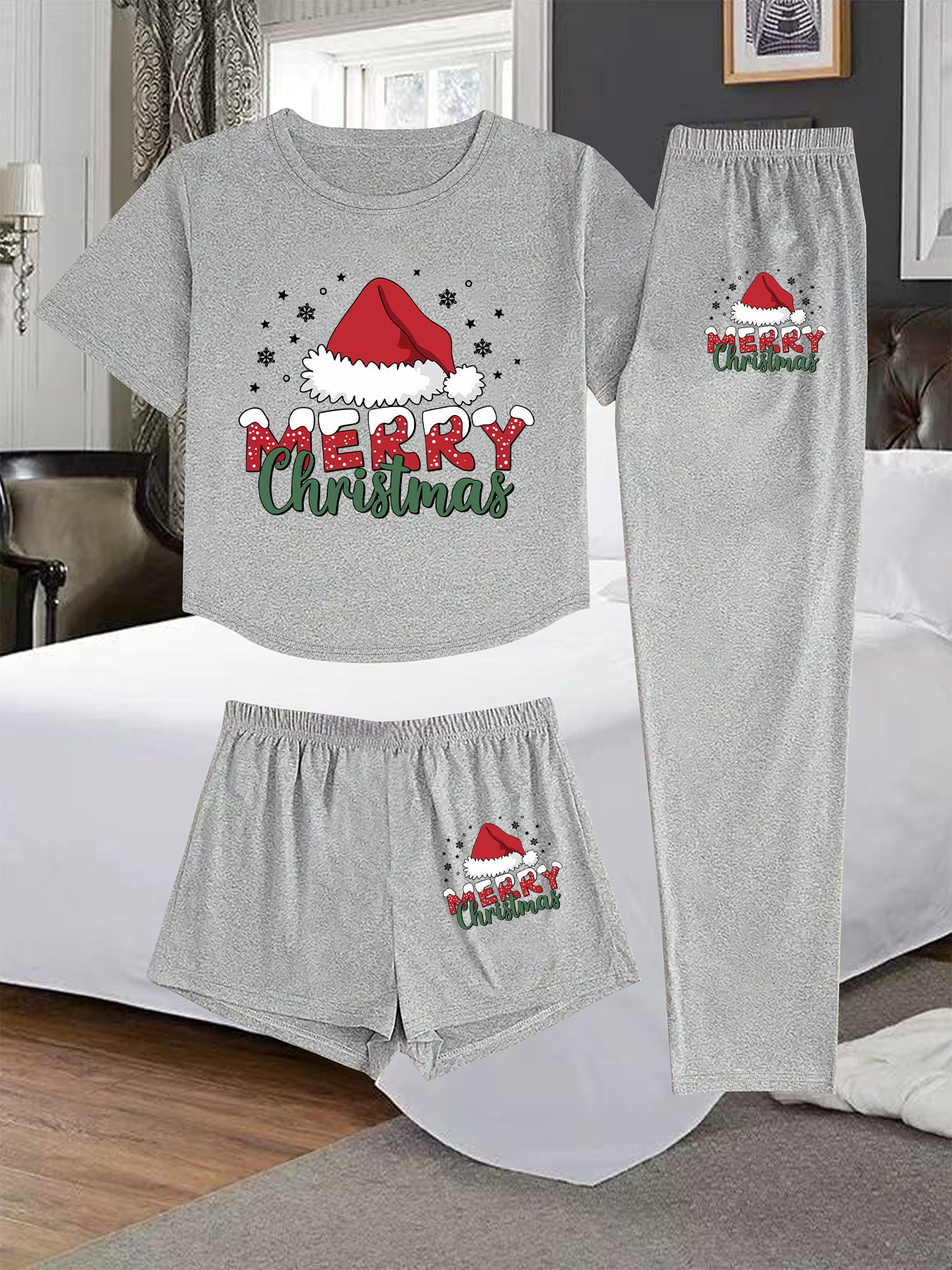 3pcs Women's Christmas Pajama Set - Black & Red Short Sleeve T-Shirt, Shorts & Lounge Pants with White Elastic Waistband - Holiday Sleepwear & Casual Outfit, Machine Washable Spring/Summer Pajamas for & Women