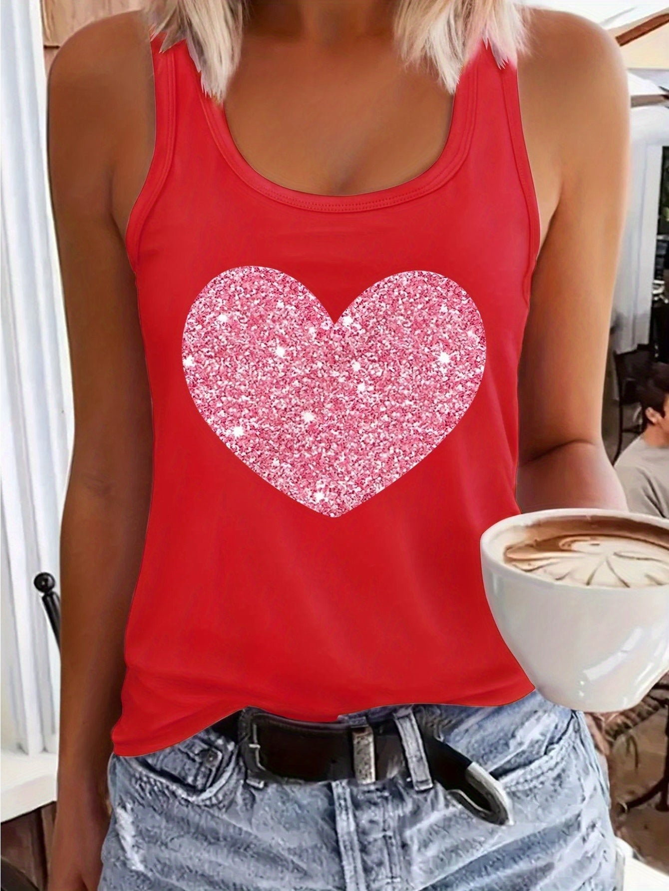 1pc Women's Pink Sleeveless Vest, Sparkling Red Heart And Star Print, Printed Pattern, Non Sequined - Casual Summer And Spring Top, Round Neck, Machine Washable Comfortable Fabric
