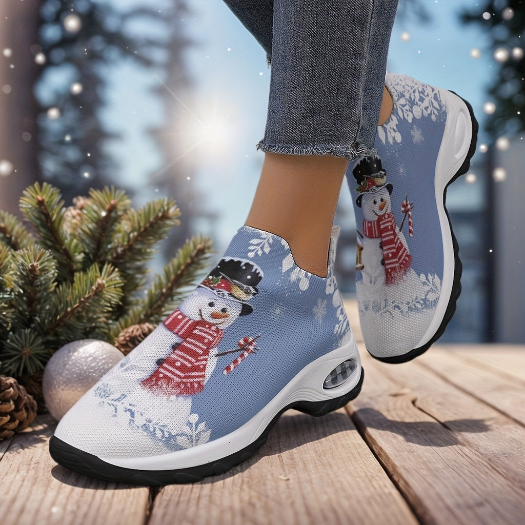 1 Pair Festive Christmas Print Slip-On Sneakers for Women, Breathable Fabric Upper, PU Synthetic Sole, Casual Low-Top Walking Shoes for All Seasons