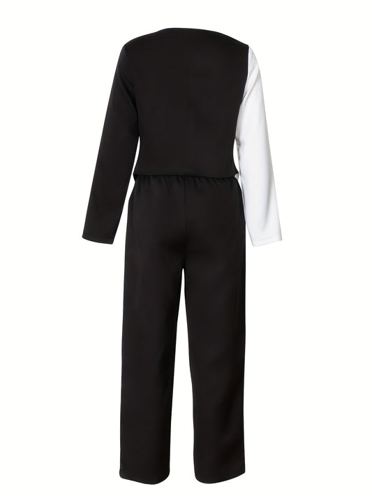 V-Neck Button Up Long Sleeve Top And Pants Set Fake Buttons