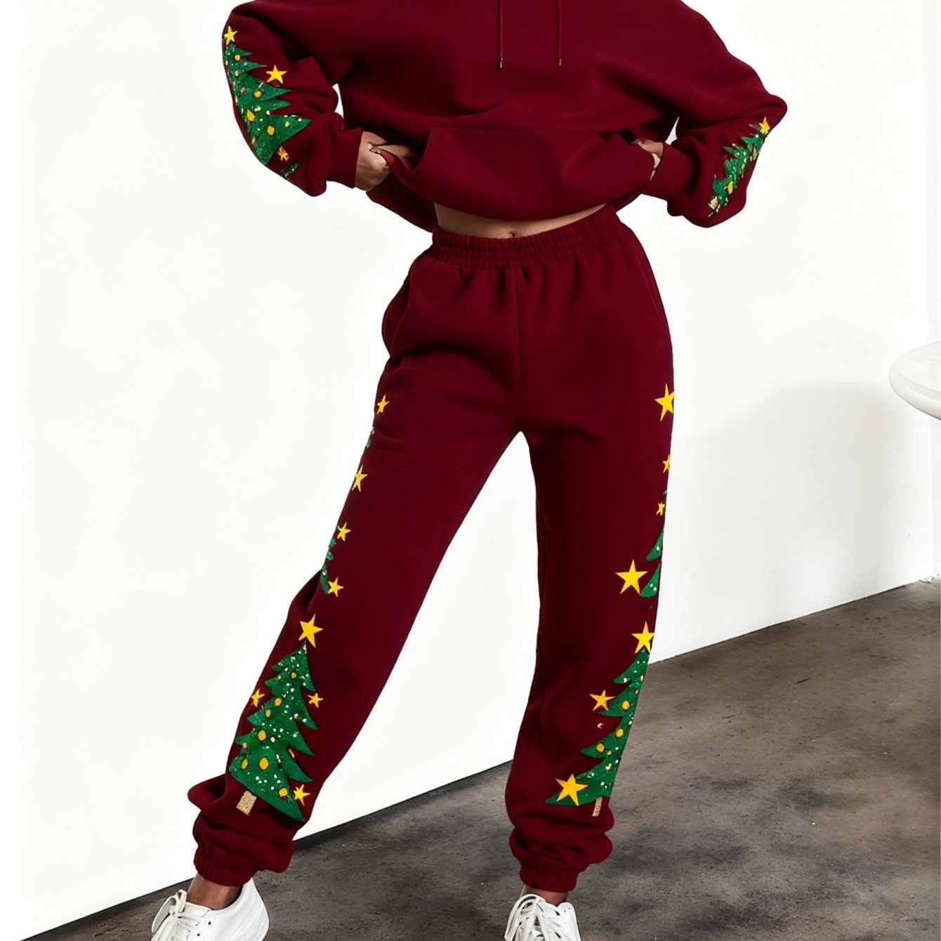 Women'S Christmas Two-Piece Hoodie Set - Red Sweatsuit Outfit with Kangaroo Pocket, Machine Washable Winter Lounge & Party Wear, Cozy Holiday Outfit for Christmas Gifts (Women'S Clothing Set)