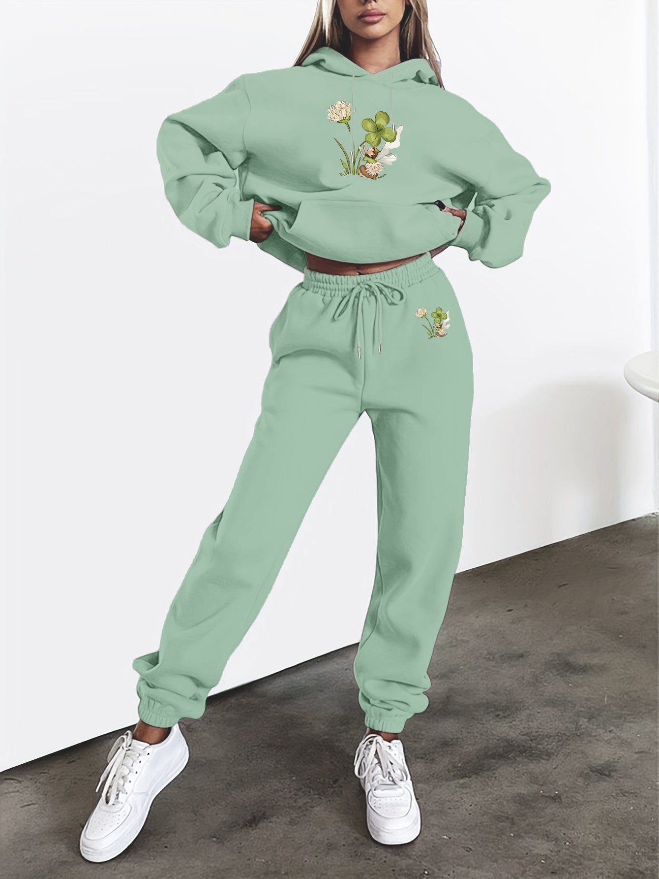 Floral Print Womens Hooded Sweatshirt And Pants Set Winter