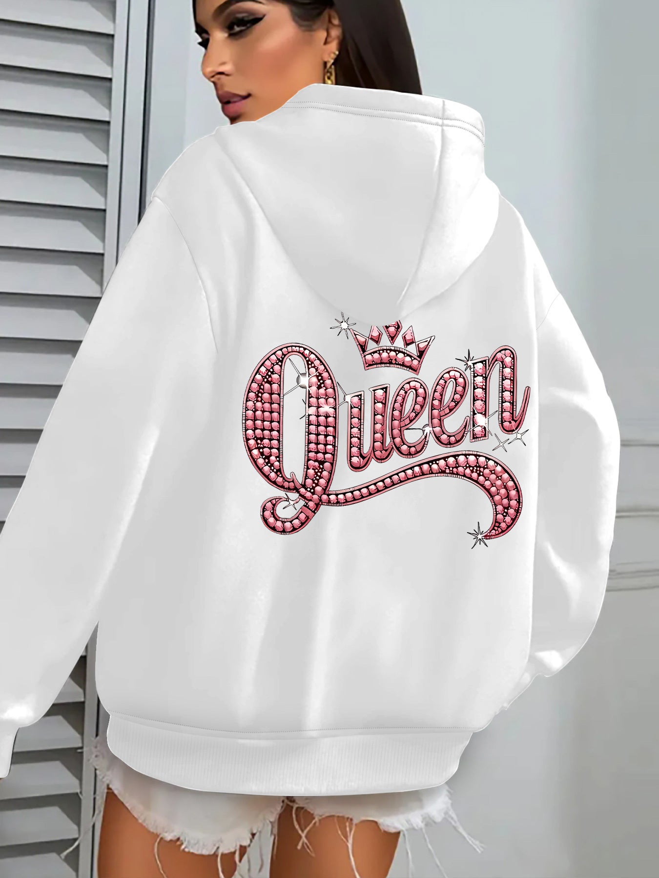 Pink Queen Graphic Hoodie Zipper Jacket Rhinestone Letters