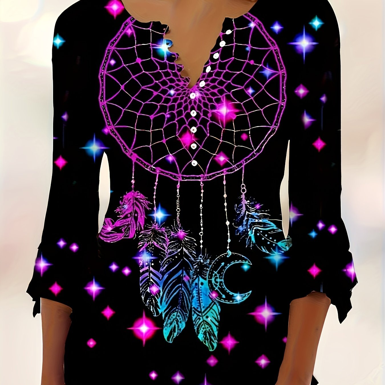 Boho V Neck Tee With Button Detail And Asymmetrical Sleeve