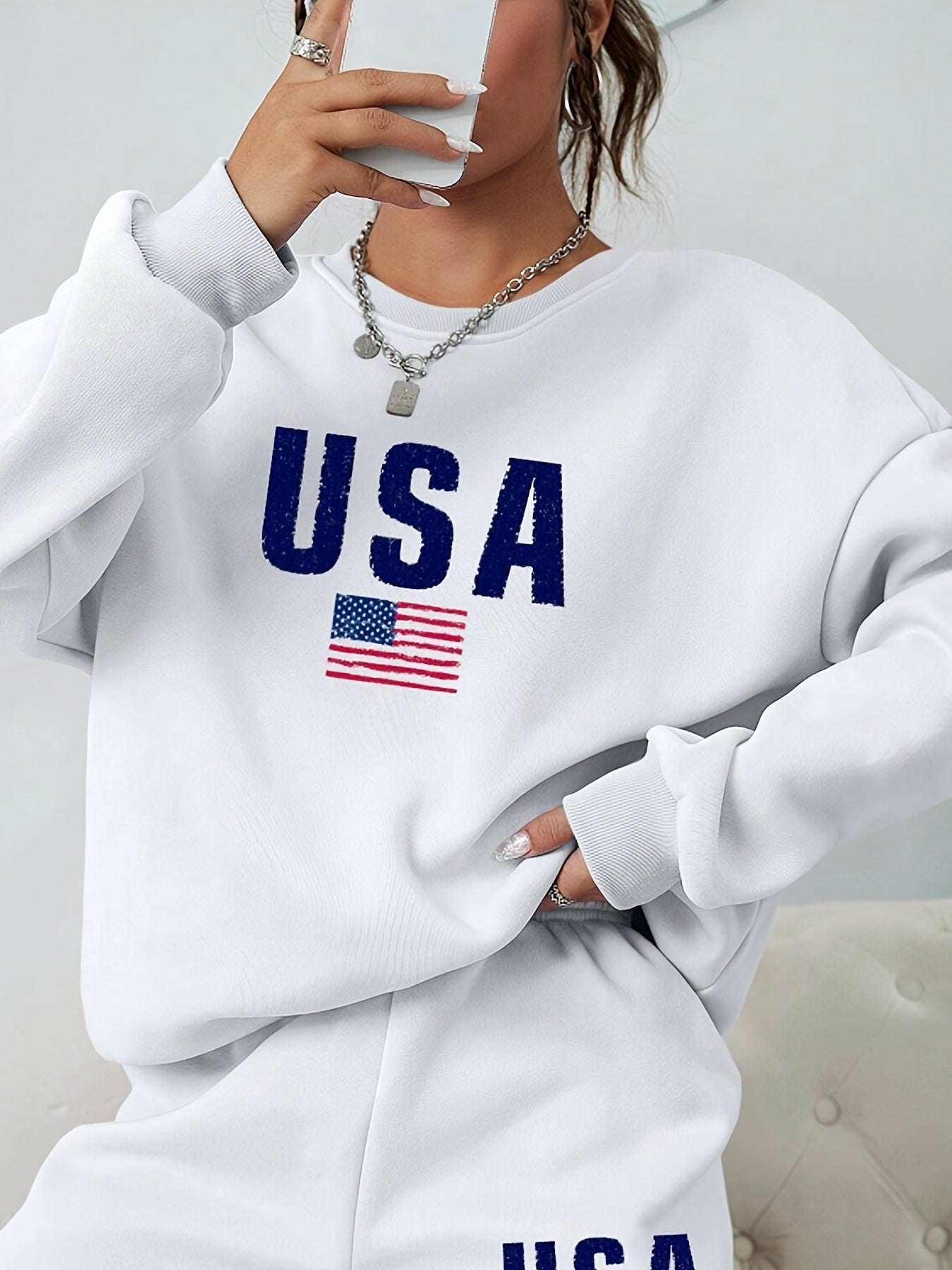 Patriotic USA Flag Women's Sweatshirt and Shorts Outfit Set