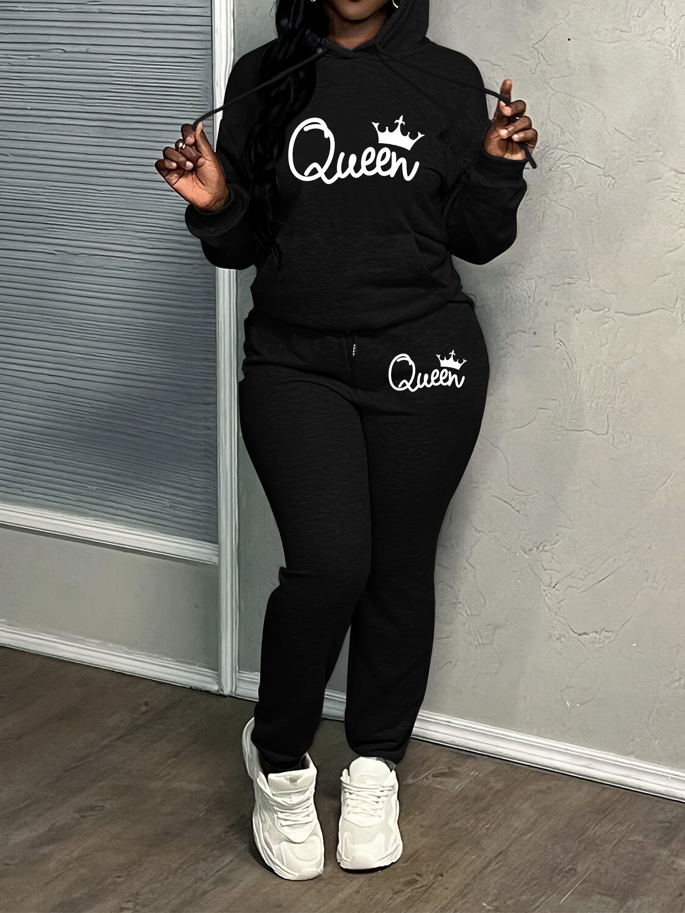 Letter Print Two Piece Hoodie And Pants Set Polyester Women