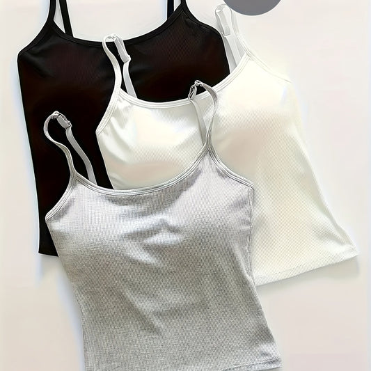 [Sleeless Top] 3-pack Women's Sleeveless Ribbed Sling Top | Soft Adhesive Blend, Elegant Casual Style, Built-in Bra Pad - Black, Beige, Light Blue - Perfect For Casual Clothing