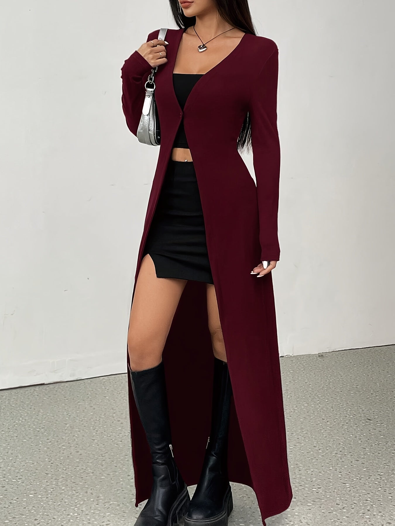 Women's Elegant Long Jacket - Open Front Closure, Machine Washable Non-Transparent Coat for Everyday & Formal Events, Chic Office Party Outerwear - Spring/Fall Wardrobe Essential, Spring Outerwear, High Collar Design, Medium