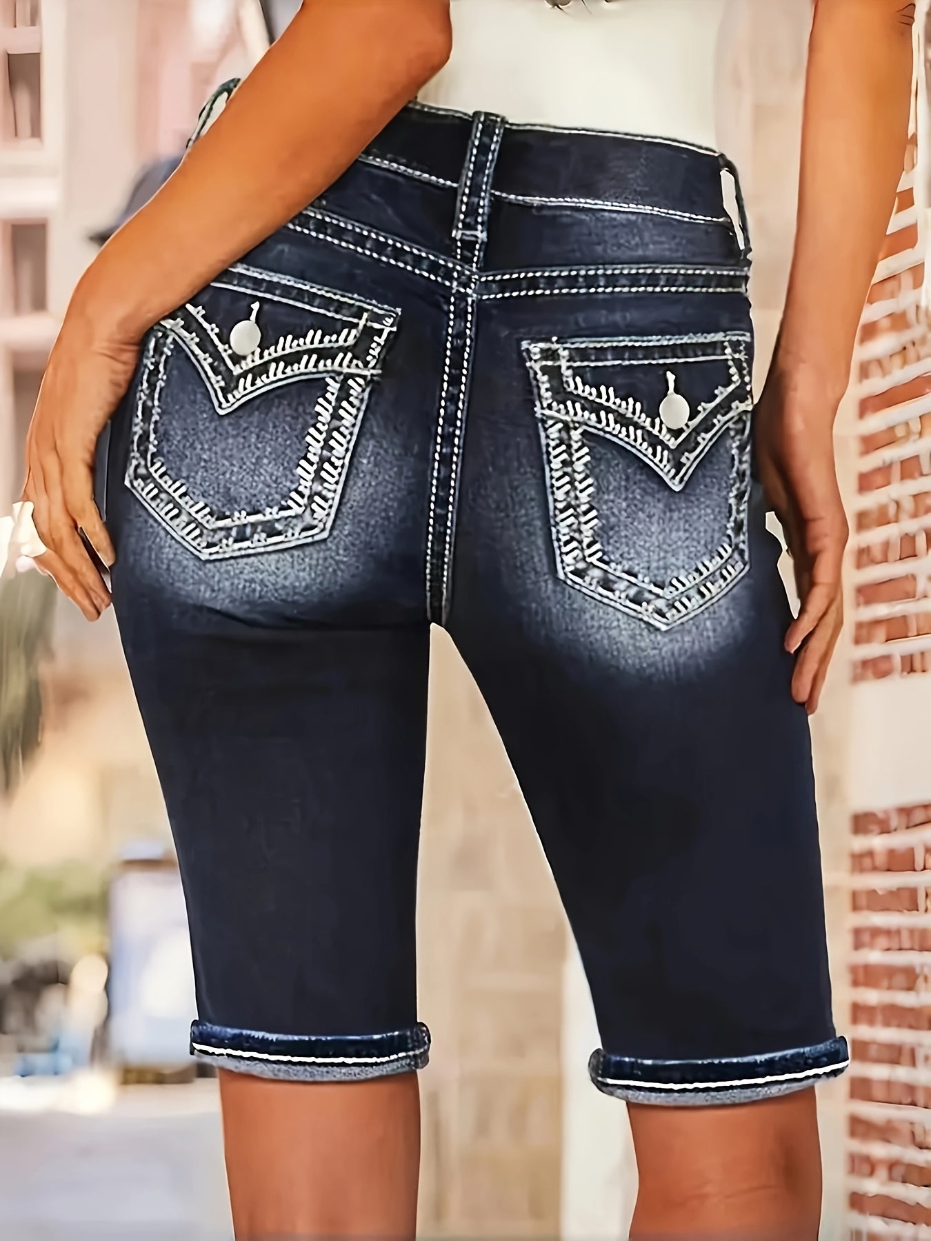 Women'S Stretch Denim Mid-Thigh Shorts Embroidered Fashion Comfortable Versatile Women'S Denim Shorts