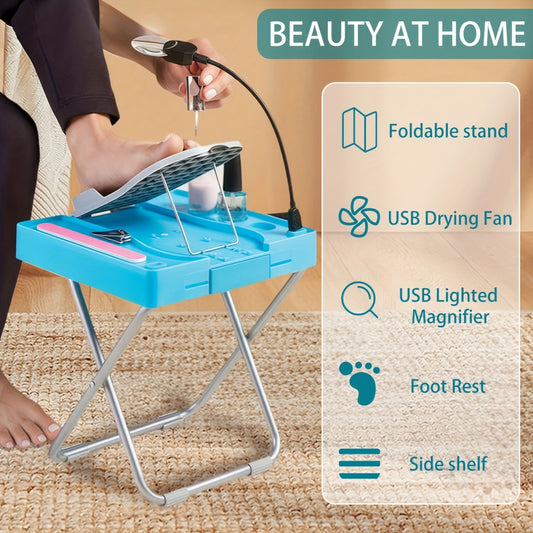 1pc ABS Adjustable Pedicure Stool With LED Magnifier, Drying Fan & Built-in Storage-with 16/19pcs Nail Tools, Home Nail Pedal, Suitable For Trimming Nails, Polishing Nails, Perfect Footrest For Easy At-Home Pedicures, Ideal G