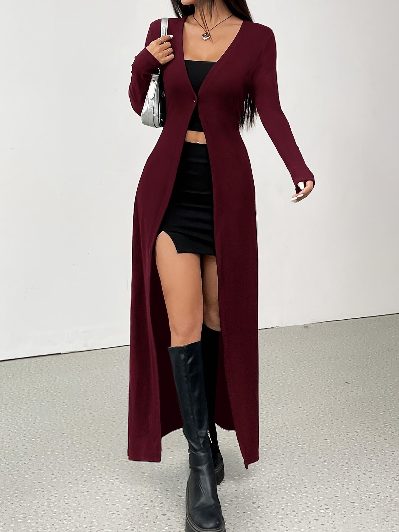 Women's Elegant Long Jacket - Open Front Closure, Machine Washable Non-Transparent Coat for Everyday & Formal Events, Chic Office Party Outerwear - Spring/Fall Wardrobe Essential, Spring Outerwear, High Collar Design, Medium