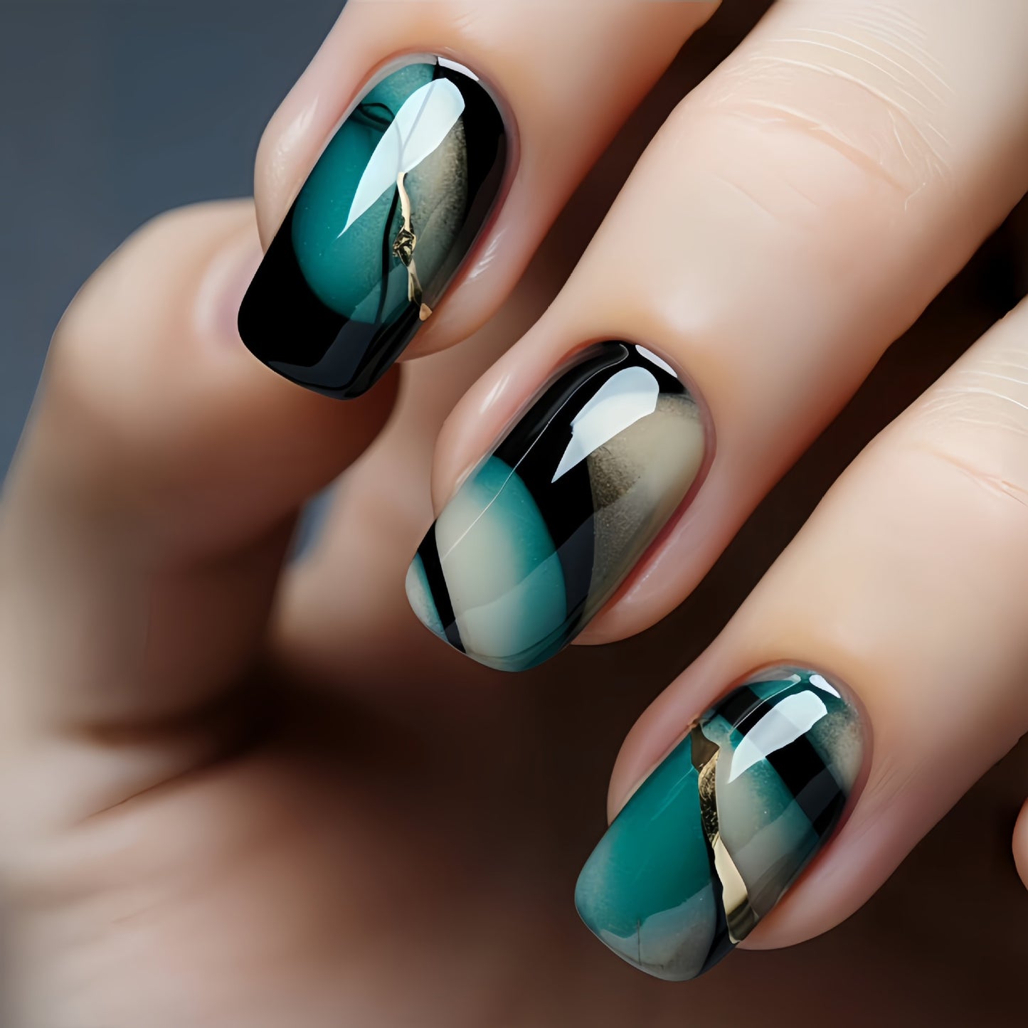 216pcs (9PACK)Pressing Nail Set - Medium Square, Glossy Surface, Striped and Gradient Design, Available in Brown, Blue, Purple Colors - Reusable Fake Nails, Suitable for Fashionable Nail Art Matching