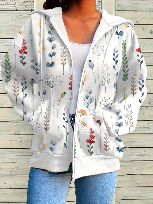 Women's Floral Print Zip-Up Hoodie for Casual Comfort
