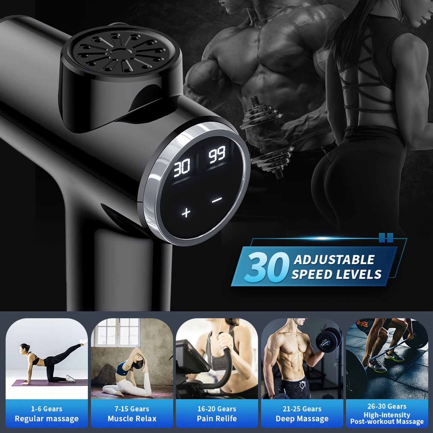 Deep Tissue Massage Gun With 30 Speeds And 9 Attachments