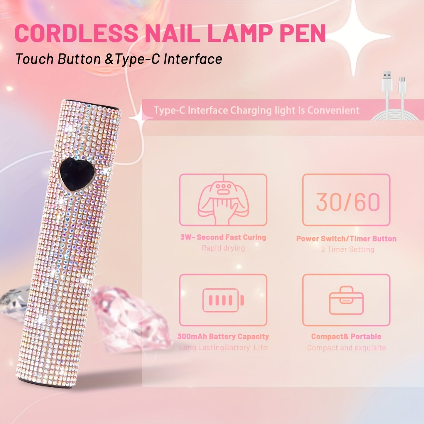 86W Cordless LED Nail Lamp with A Handheld Nail Lamp, 4 Timer Setting Touch Control & Auto Sensor for Gel Nail Polish with Sparkling Nail Rhinestones, with Heart Shape