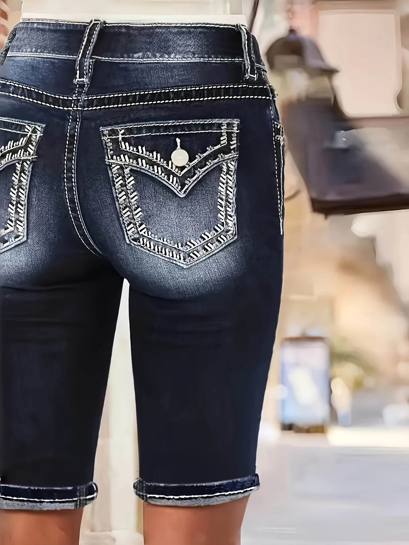 Women'S Stretch Denim Mid-Thigh Shorts Embroidered Fashion Comfortable Versatile Women'S Denim Shorts