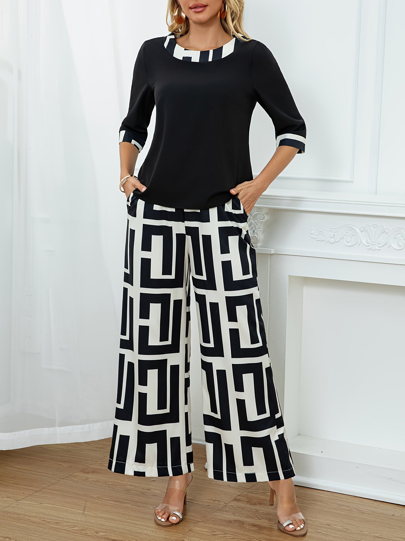 Women'S Elegant Patchwork Round Neck Top + Geometric Print Wide Leg Pants Two Piece Set, Polyester, All-Season, with Fake Drawstring Detail