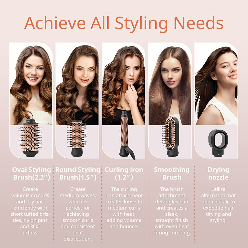 5-in-1 Hot Air Comb Set with Negative Ion Technology - Hair Dryer, Massage Straightening Comb, Round Curling Iron & Oval Styling Comb, Interchangeable Heads