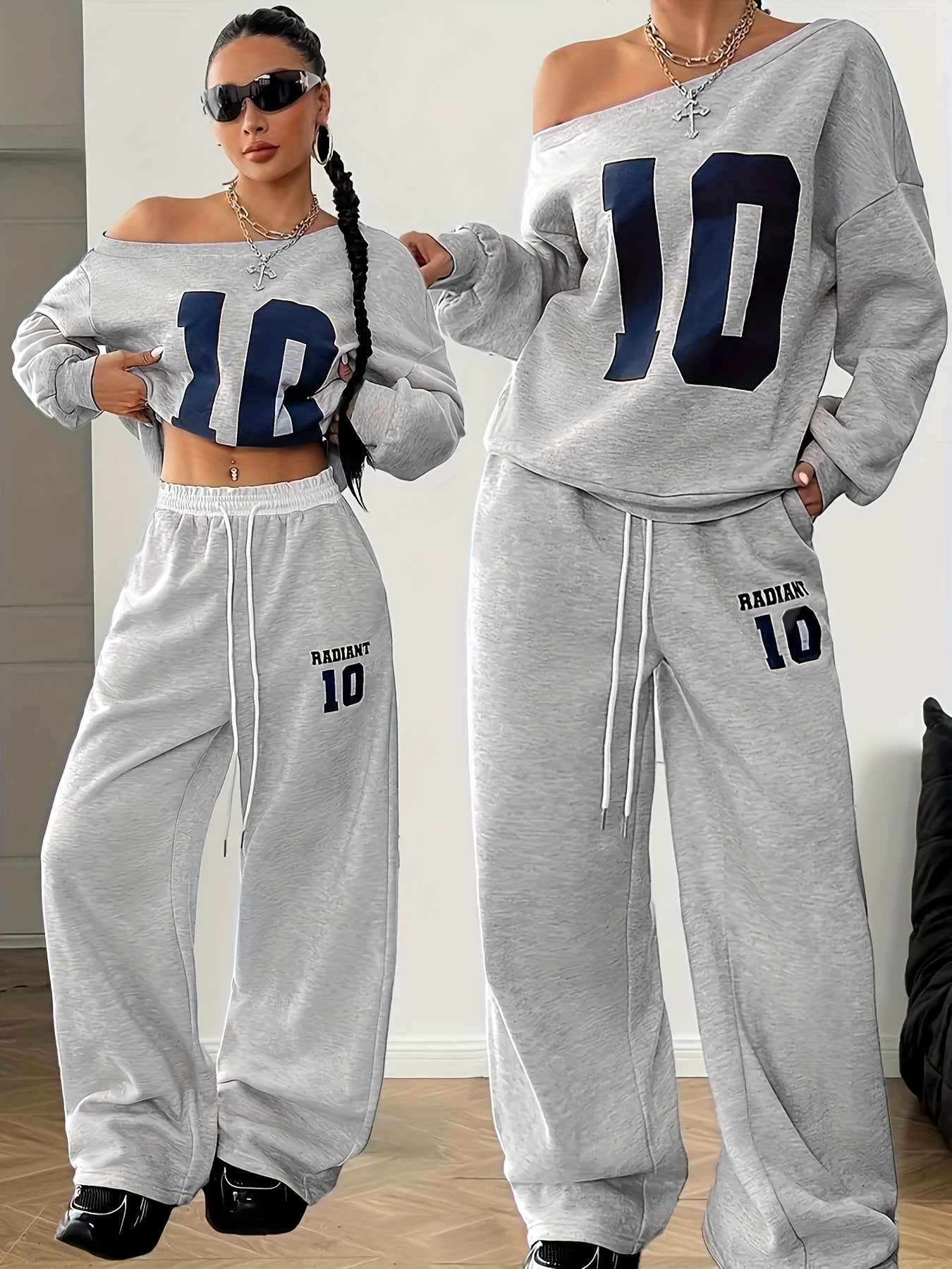 New Women's Two-Piece Set: Fashion Casual Thickened Loose Round Neck Minimalist Digital Print T-Shirt & Pants with Off-Shoulder Sweatshirt + Lace Drawstring Long Joggers