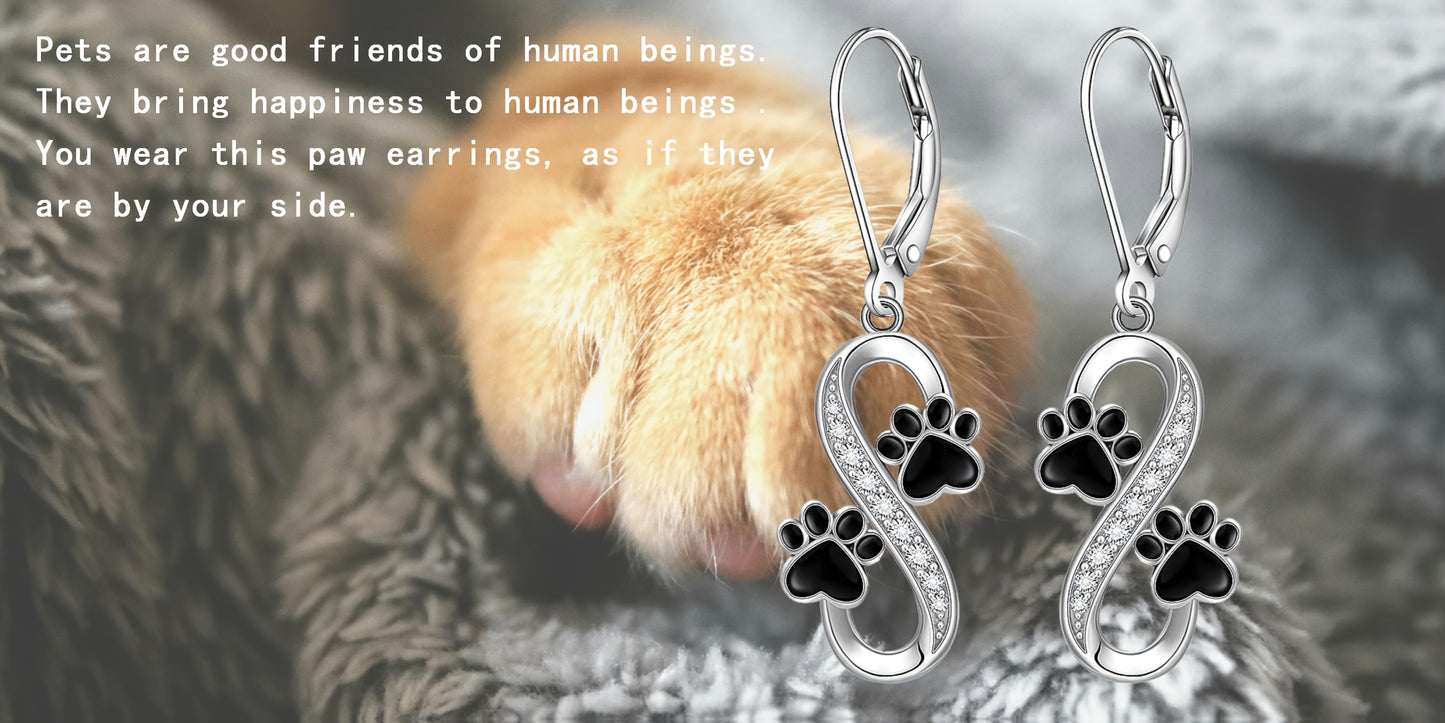 Sterling Silver Infinity Earrings - 925 Black Cat Paw Print Women's Memorial Jewelry Lover Gift - Valentine's Day Puppy Pet Paw Earrings