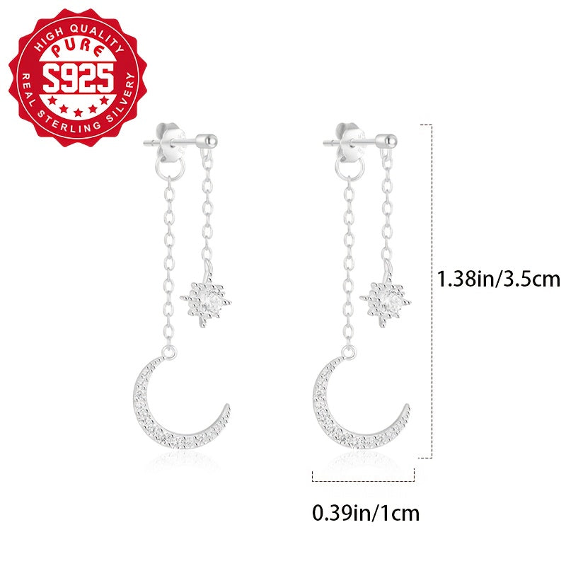 1 Pair Elegant S925 Silver Crescent Moon Dangle Earrings, Synthetic Zirconia, Bling Fashion Ear Studs for Women, Hypoallergenic, Perfect for Daily Wear & Banquets, Thanksgiving Gift, 1.8g