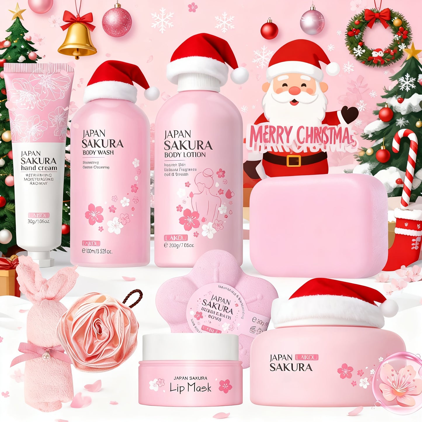 Sakura Body Bath Sets for Women Gift with Body Wash, Lotion, Soap, Bath Bomb, Scrub, Hand Cream & Lip Mask, Travel Essentials Skincare, Birthday Mother's Day Valentine's Day, Thanksgiving, And Christmas Gifts for Women