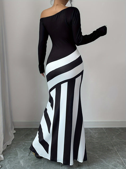 Elegant Off Shoulder Striped Maxi Dress For Women Everyday