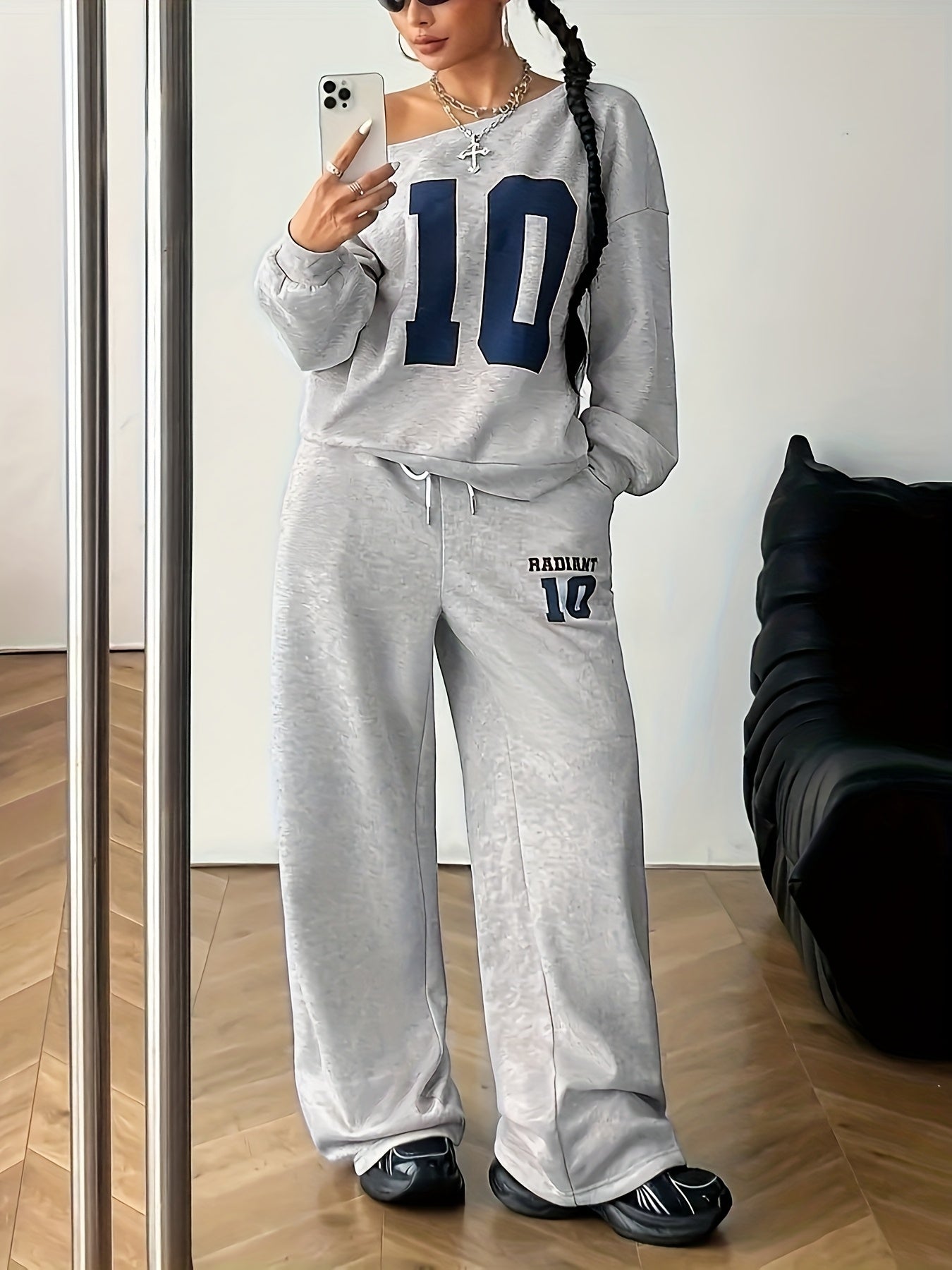 New Women's Two-Piece Set: Fashion Casual Thickened Loose Round Neck Minimalist Digital Print T-Shirt & Pants with Off-Shoulder Sweatshirt + Lace Drawstring Long Joggers