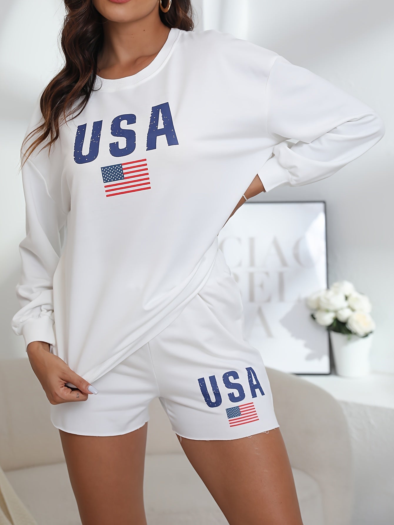 Patriotic USA Flag Women's Sweatshirt and Shorts Outfit Set