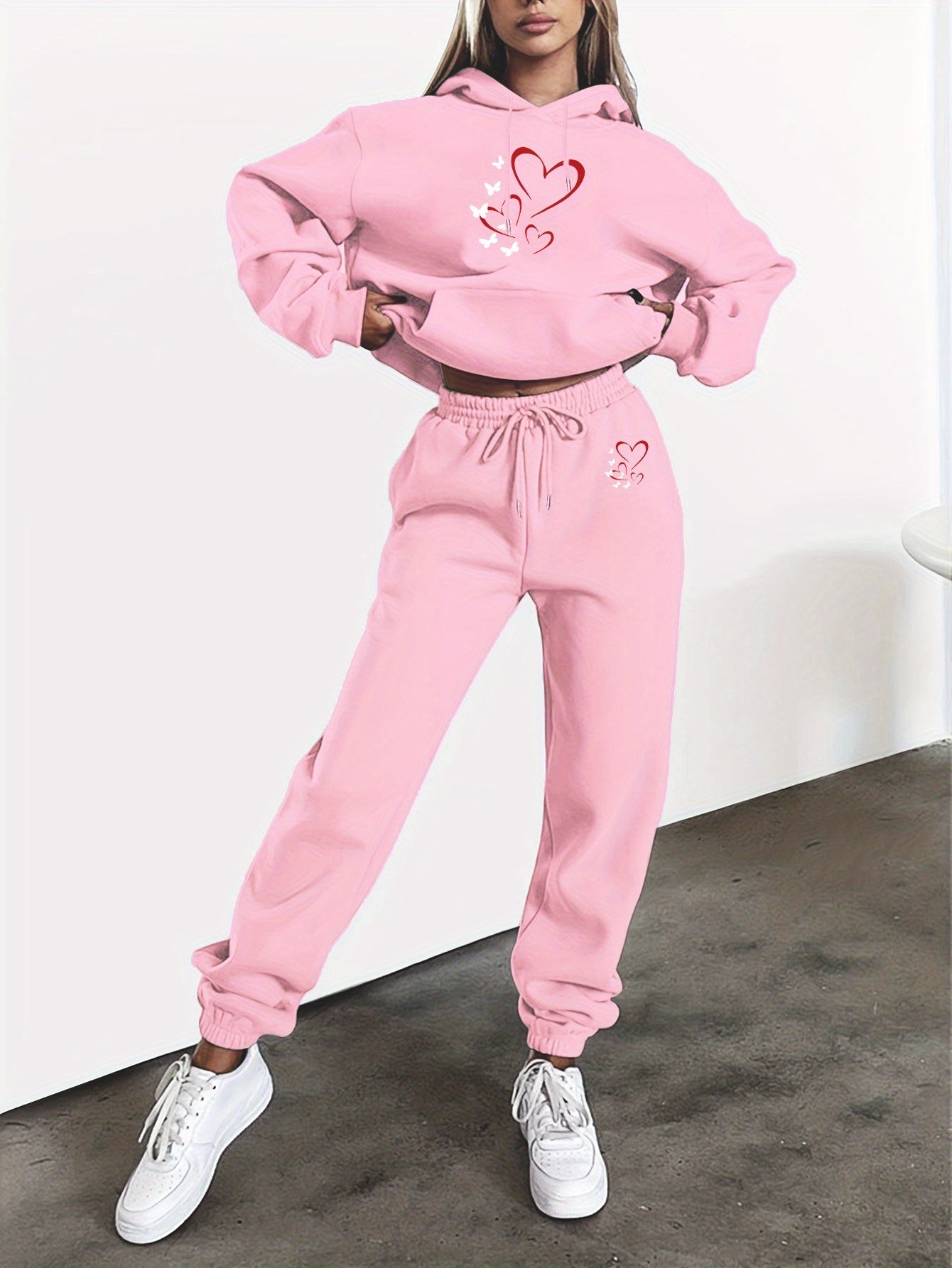 Heart And Butterfly Print Hooded Sweatshirt And Pants Set