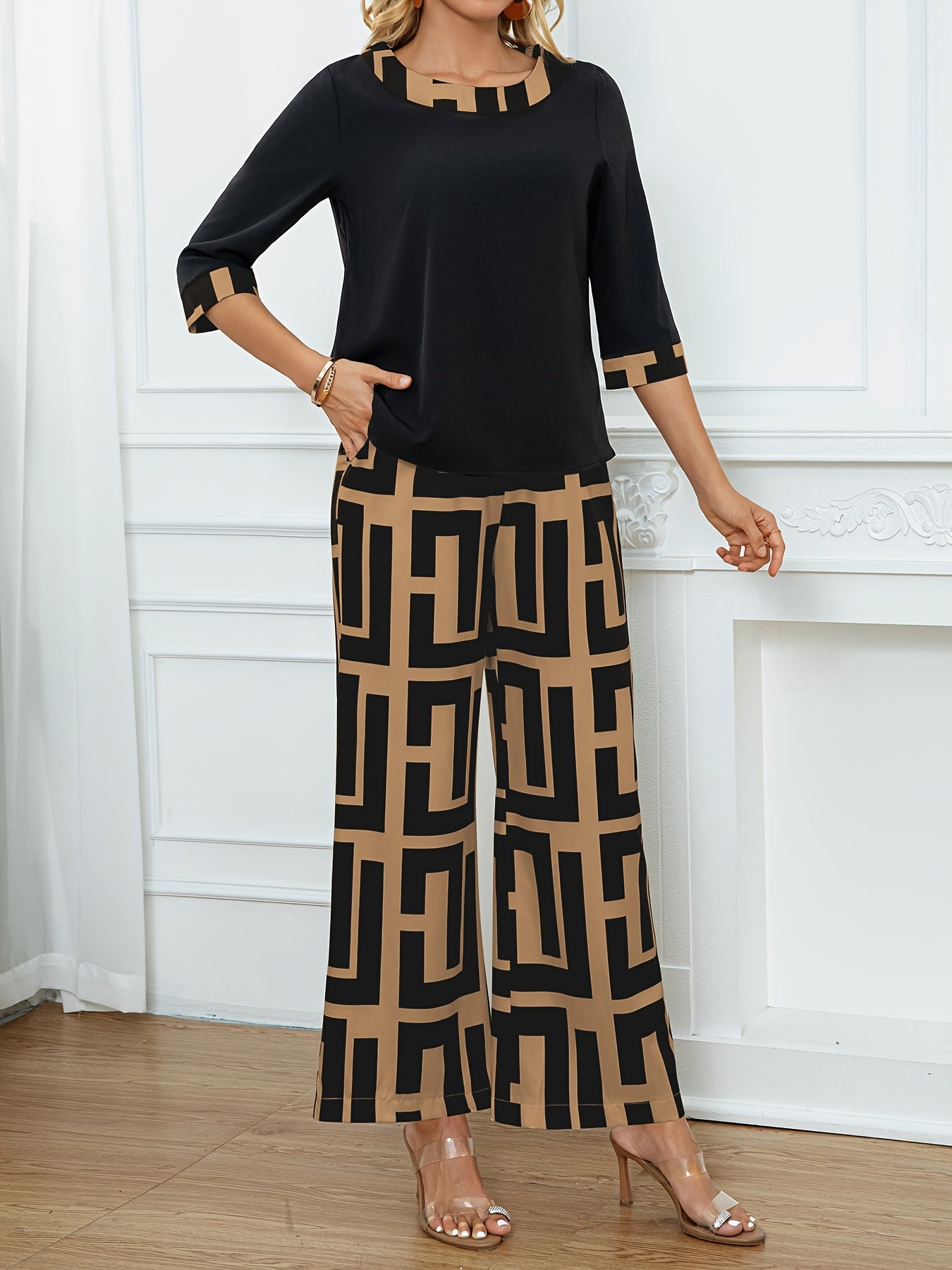 Women'S Elegant Patchwork Round Neck Top + Geometric Print Wide Leg Pants Two Piece Set, Polyester, All-Season, with Fake Drawstring Detail