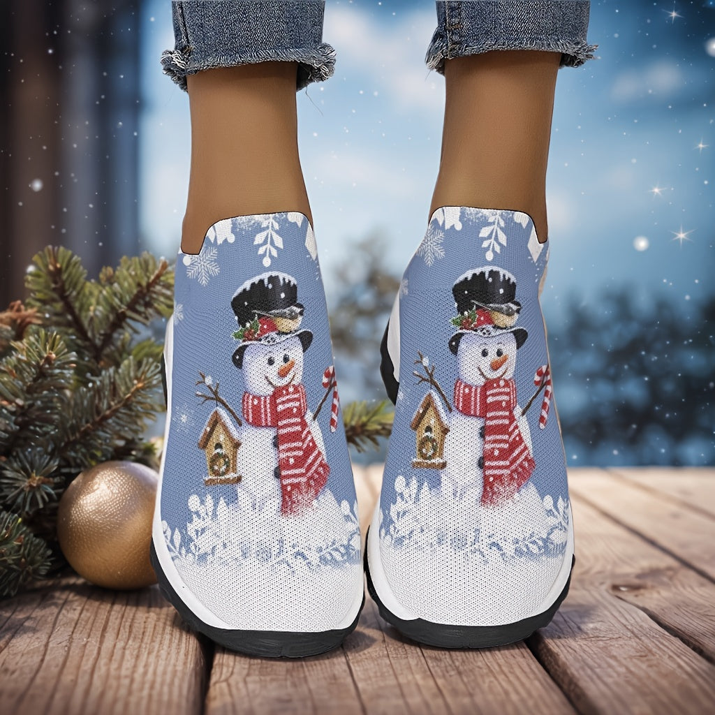 1 Pair Festive Christmas Print Slip-On Sneakers for Women, Breathable Fabric Upper, PU Synthetic Sole, Casual Low-Top Walking Shoes for All Seasons