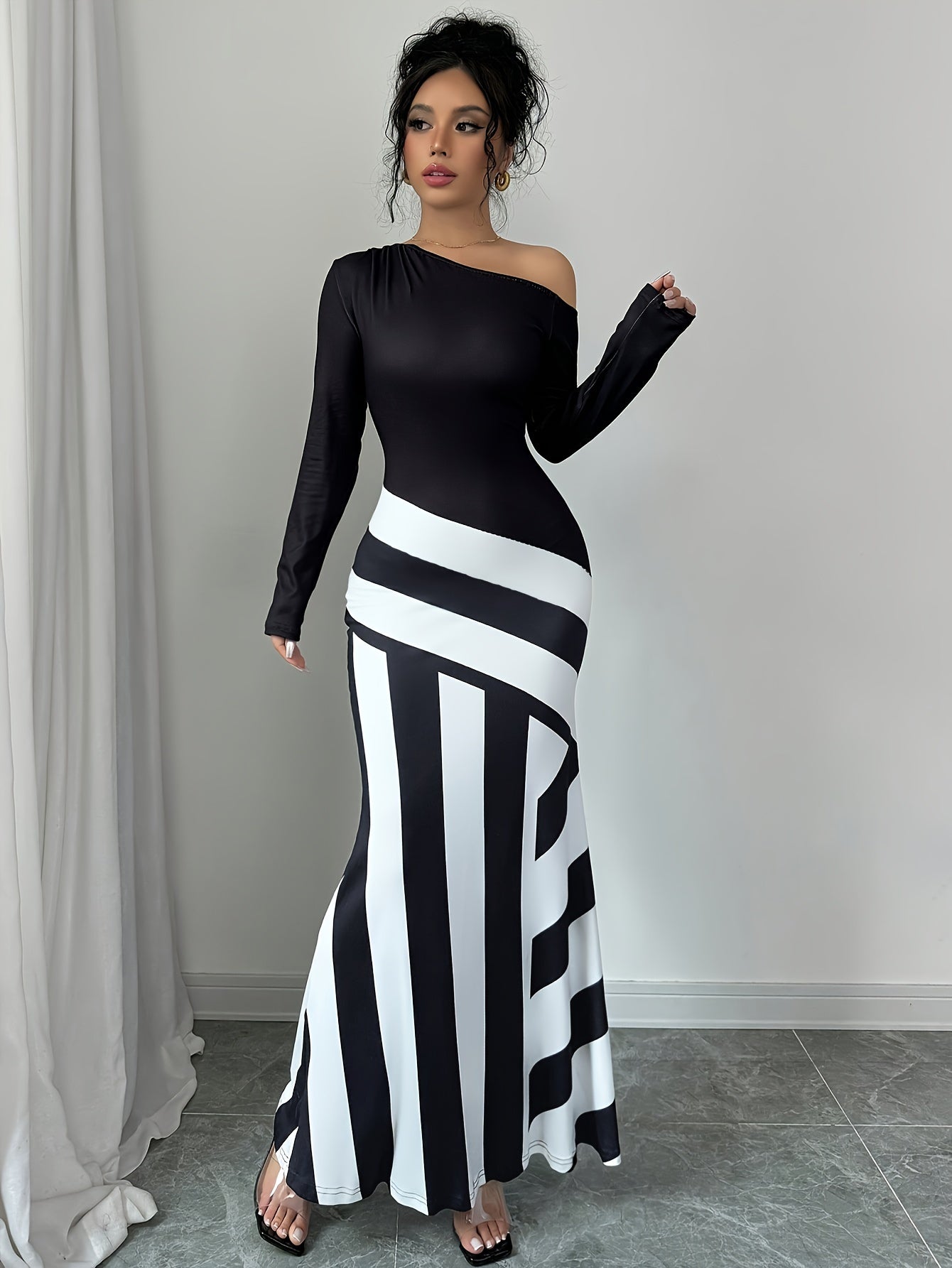 Elegant Off Shoulder Striped Maxi Dress For Women Everyday