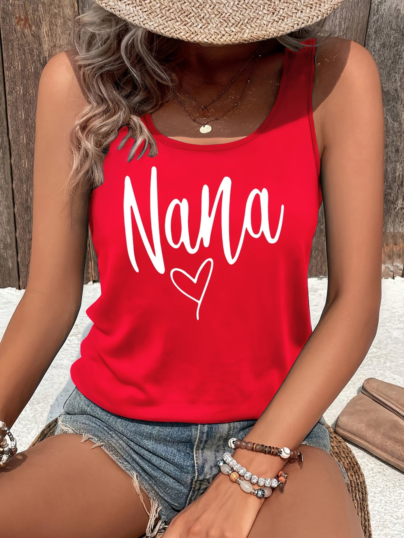 1pc Women's Pink Sleeveless Vest, Sparkling Red Heart And Star Print, Printed Pattern, Non Sequined - Casual Summer And Spring Top, Round Neck, Machine Washable Comfortable Fabric