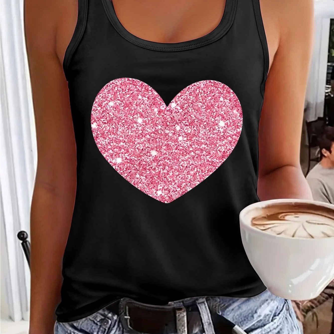 1pc Women's Pink Sleeveless Vest, Sparkling Red Heart And Star Print, Printed Pattern, Non Sequined - Casual Summer And Spring Top, Round Neck, Machine Washable Comfortable Fabric