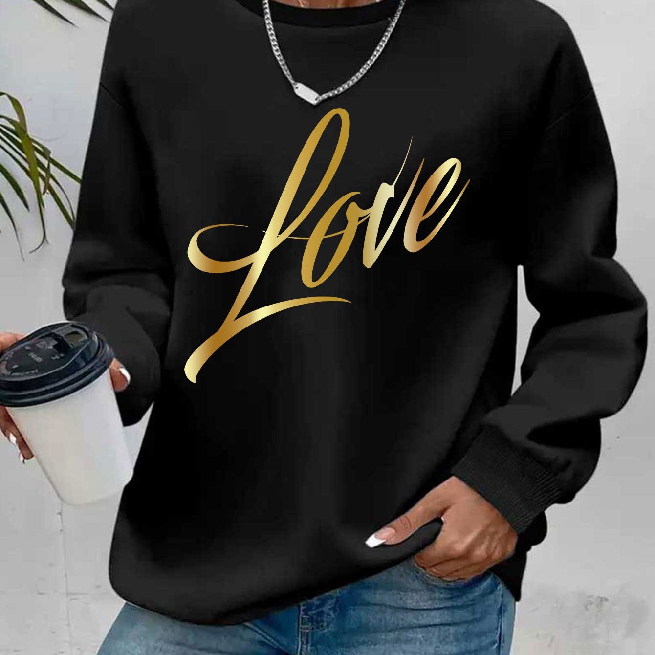 Casual Crew Neck Sweatshirt With Love Letter Graphic Print