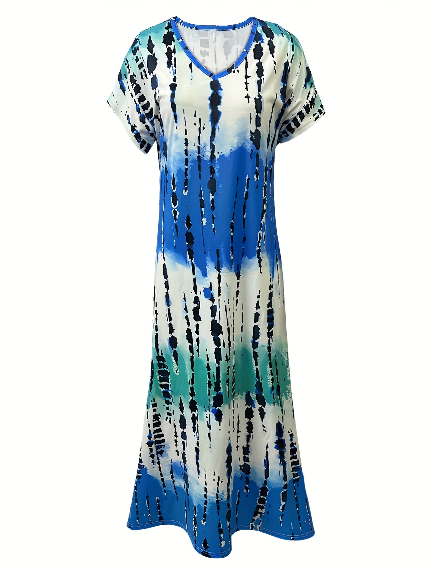 Tie Dye V Neck Dress with Elegant Split Short Sleeves