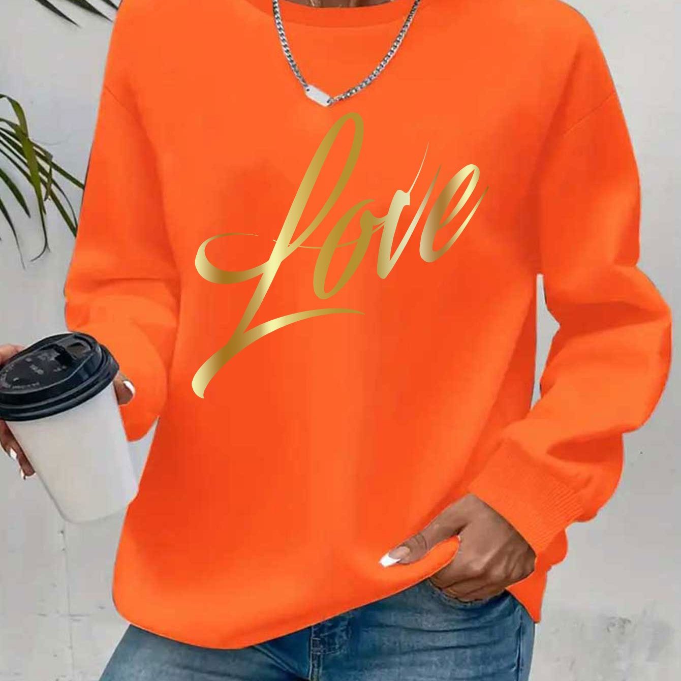 Casual Crew Neck Sweatshirt With Love Letter Graphic Print
