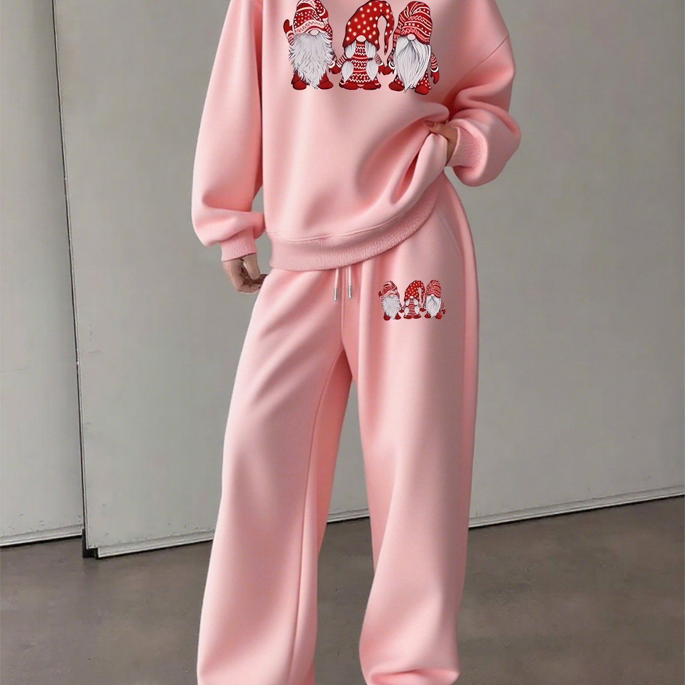 Women'S Cozy Fleece-Lined Sweatshirt and Pants Set - Casual Crew Neck, Long Sleeve, Drawstring Waist, with Red & Santa Hat Print, Perfect for Fall/Winter, Winter Clothing | Casual Style | Fleece Lined Sweatshirt