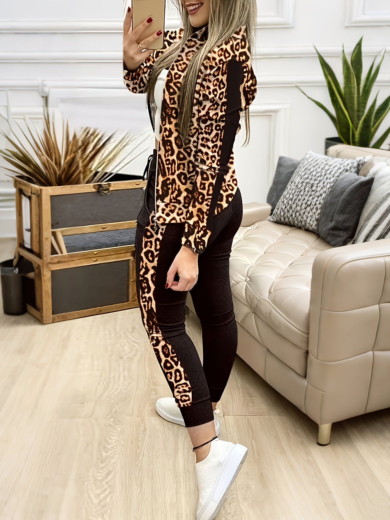 Stylish Casual Leopard Print Zip-Up Top and Pants Set