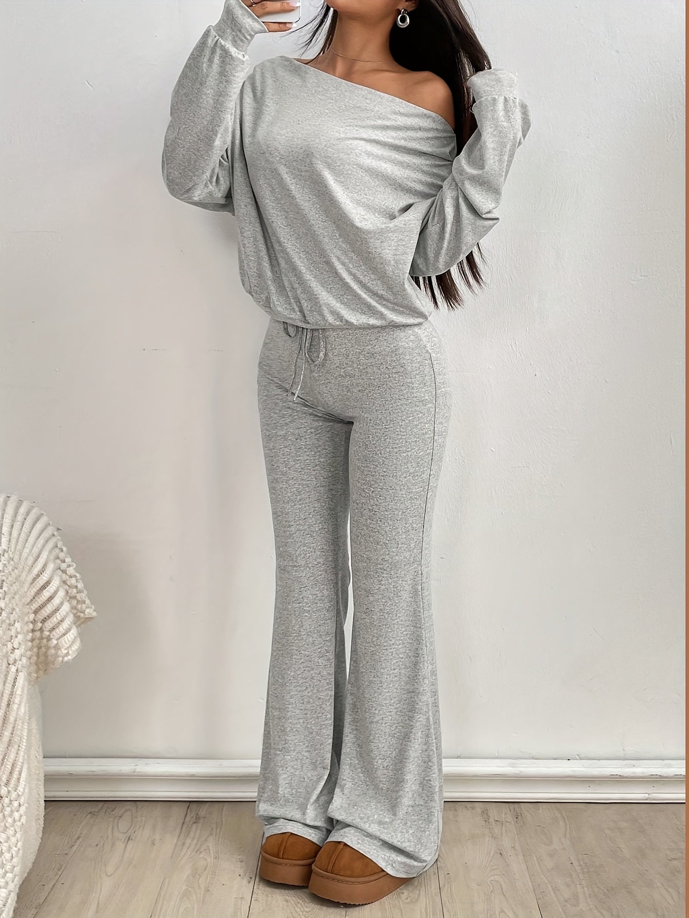 Off-Shoulder Long Sleeve Crop Top And Flared Pants Set