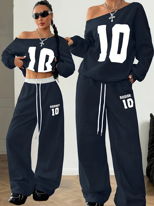 New Women's Two-Piece Set: Fashion Casual Thickened Loose Round Neck Minimalist Digital Print T-Shirt & Pants with Off-Shoulder Sweatshirt + Lace Drawstring Long Joggers