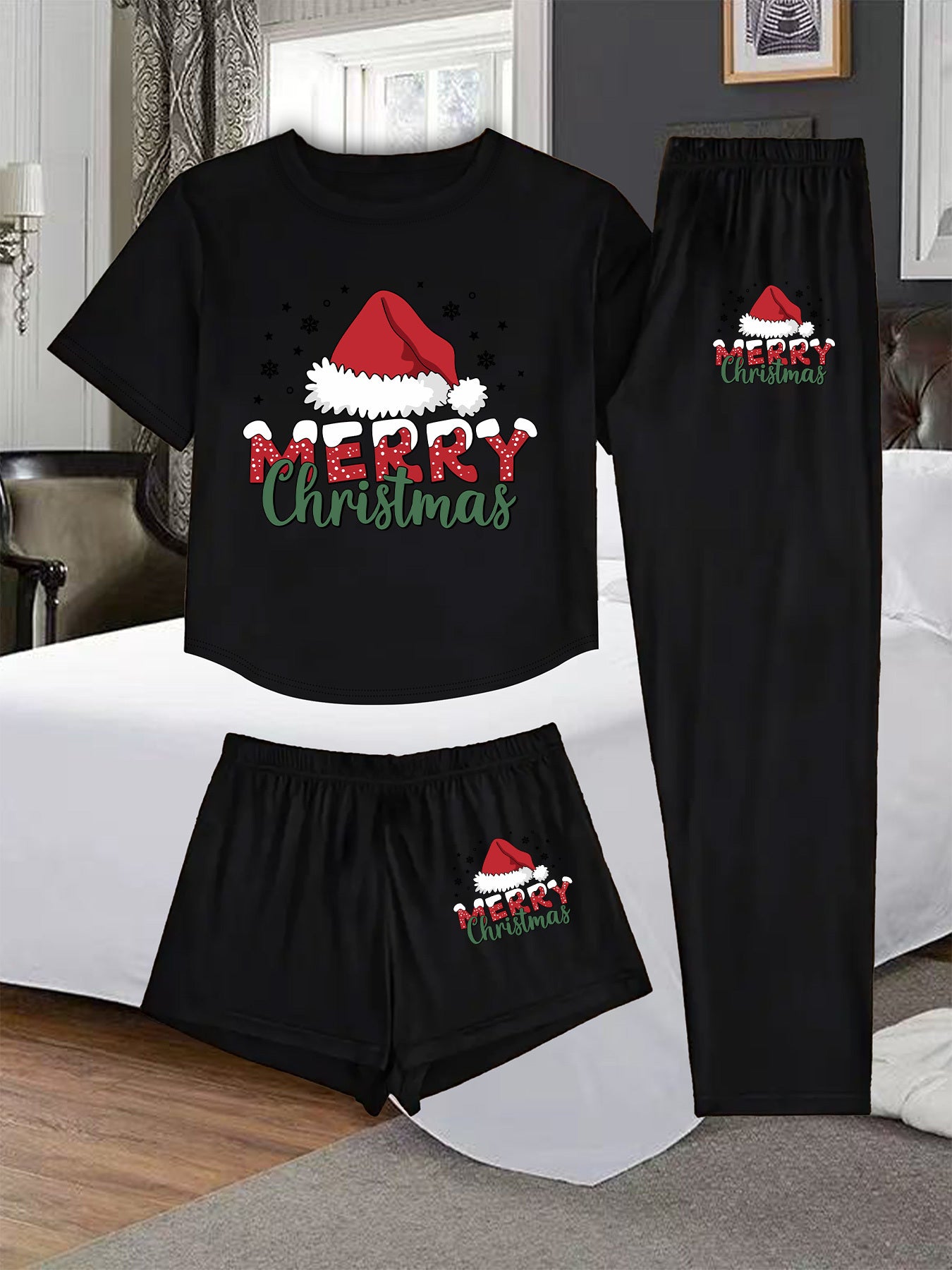 3pcs Women's Christmas Pajama Set - Black & Red Short Sleeve T-Shirt, Shorts & Lounge Pants with White Elastic Waistband - Holiday Sleepwear & Casual Outfit, Machine Washable Spring/Summer Pajamas for & Women