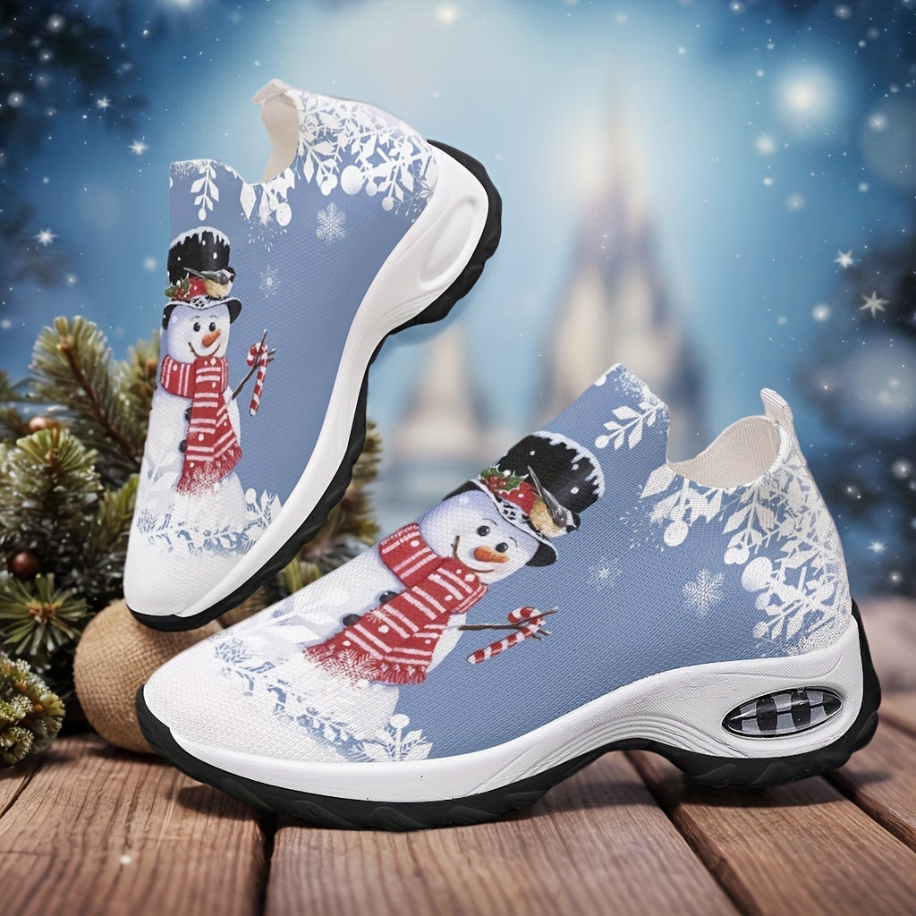 1 Pair Festive Christmas Print Slip-On Sneakers for Women, Breathable Fabric Upper, PU Synthetic Sole, Casual Low-Top Walking Shoes for All Seasons