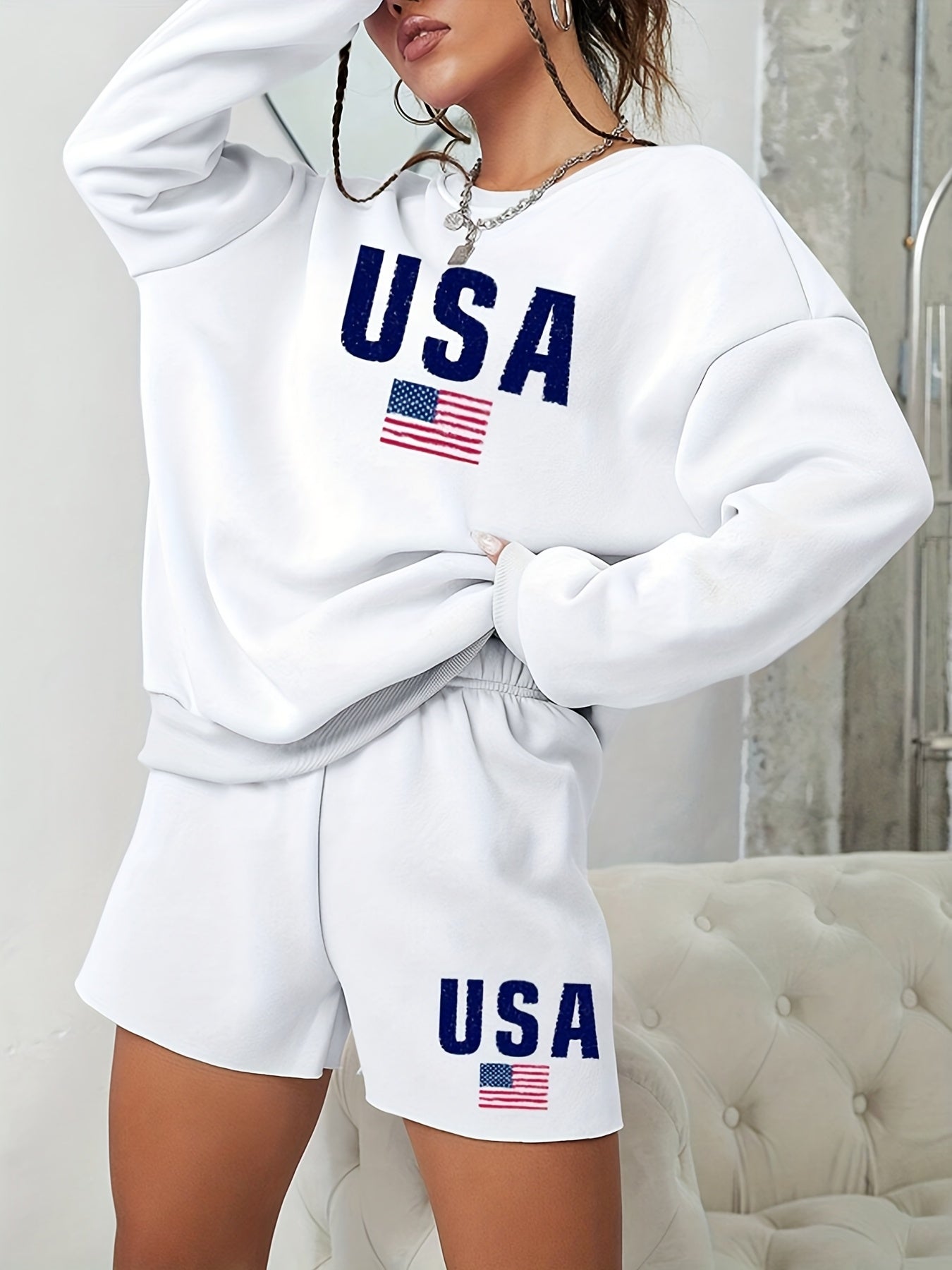 Patriotic USA Flag Women's Sweatshirt and Shorts Outfit Set