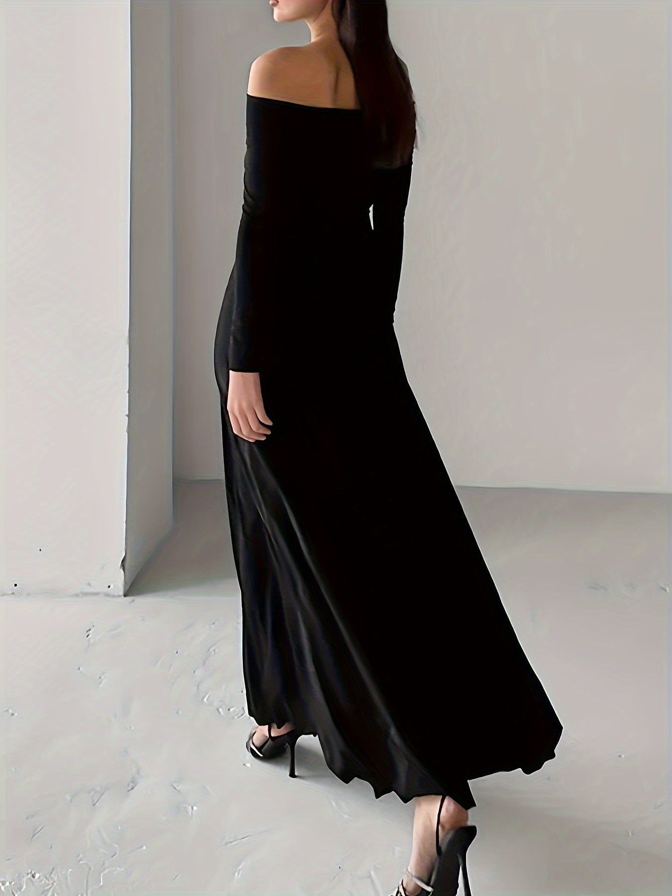 1pc Elegant French Knit Dress for Women, Casual Off-Shoulder Long Dress, Polyester Fiber, Solid Color, Slim Fit, Spring/Autumn Season, Adult - 180g/m² Lightweight Fabric